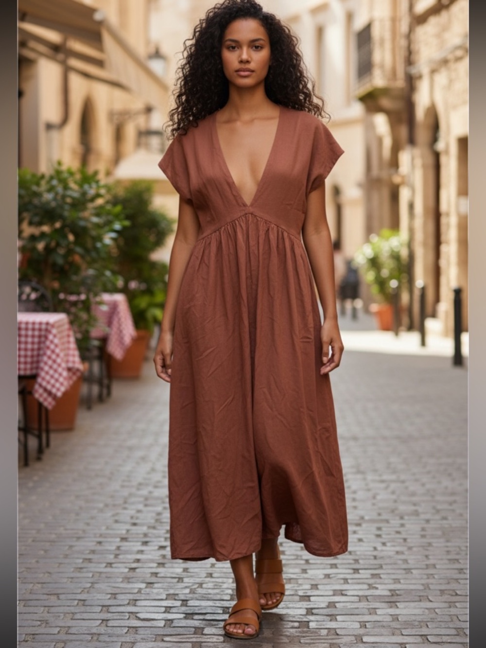 Women's V-Neck Rust Maxi Dress